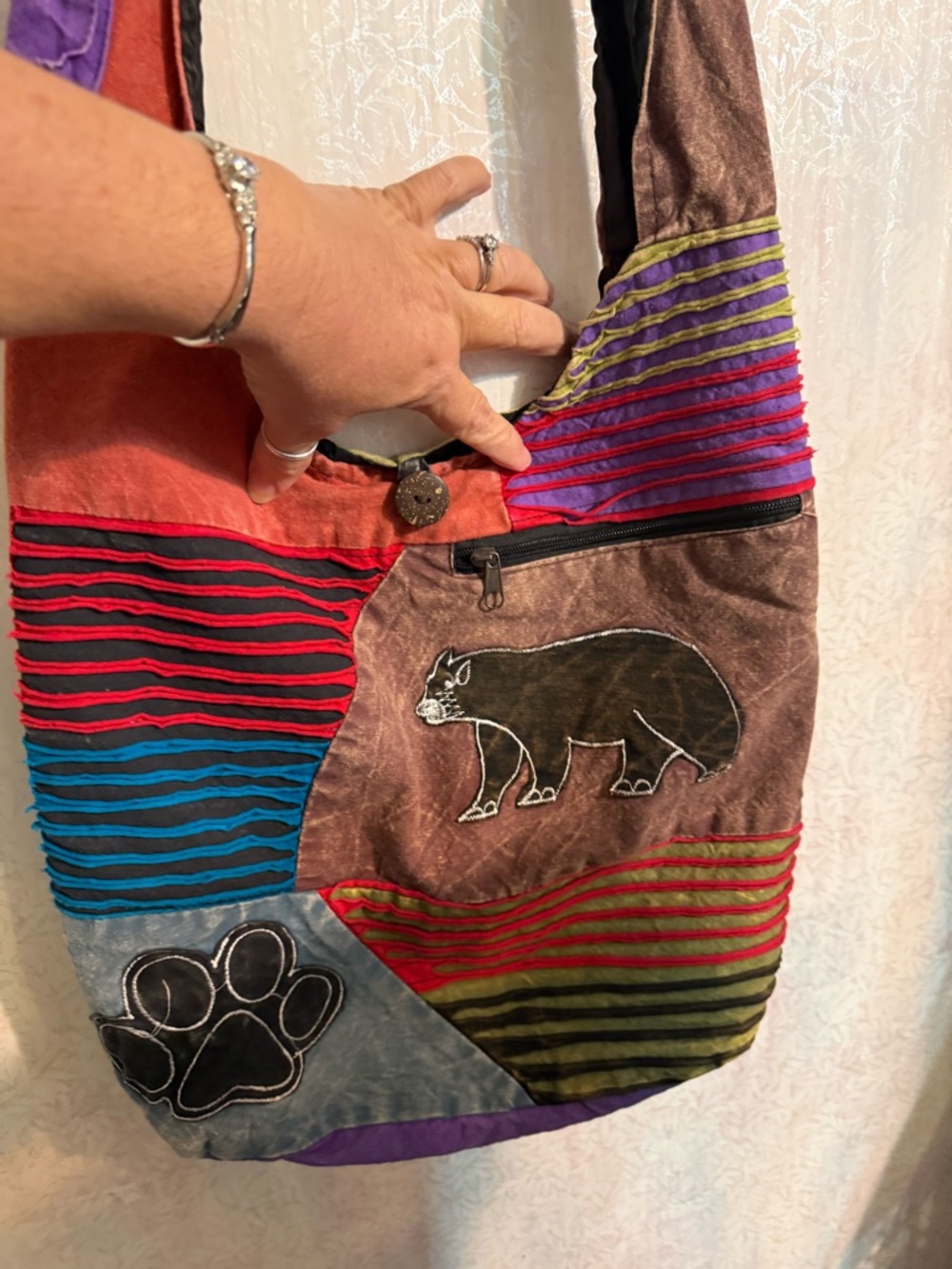 Karma Circle Bohemian Patchwork Bear & Paw Crossbody Bag Button Clasp Multicolor